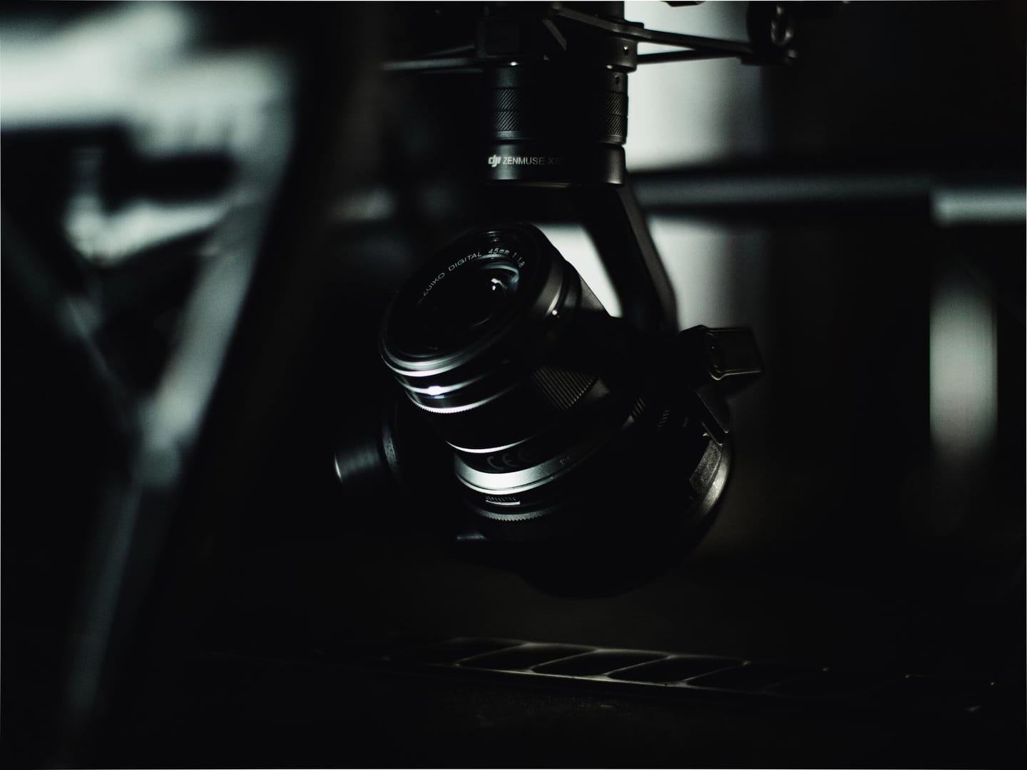 Cinema camera on a stabilized gimbal under a heavy-lift platform